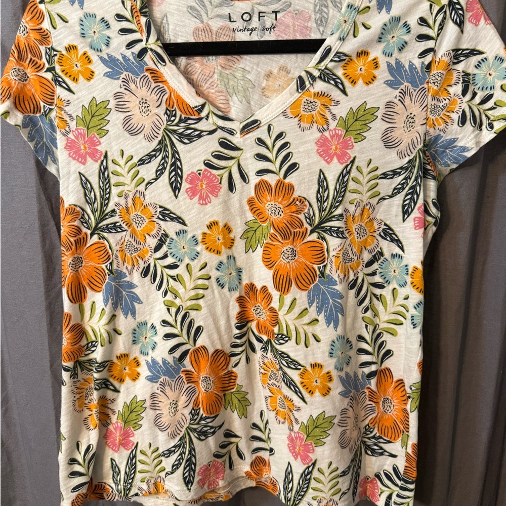 LOFT Floral Short Sleeve Top - Orange, Blue, Green